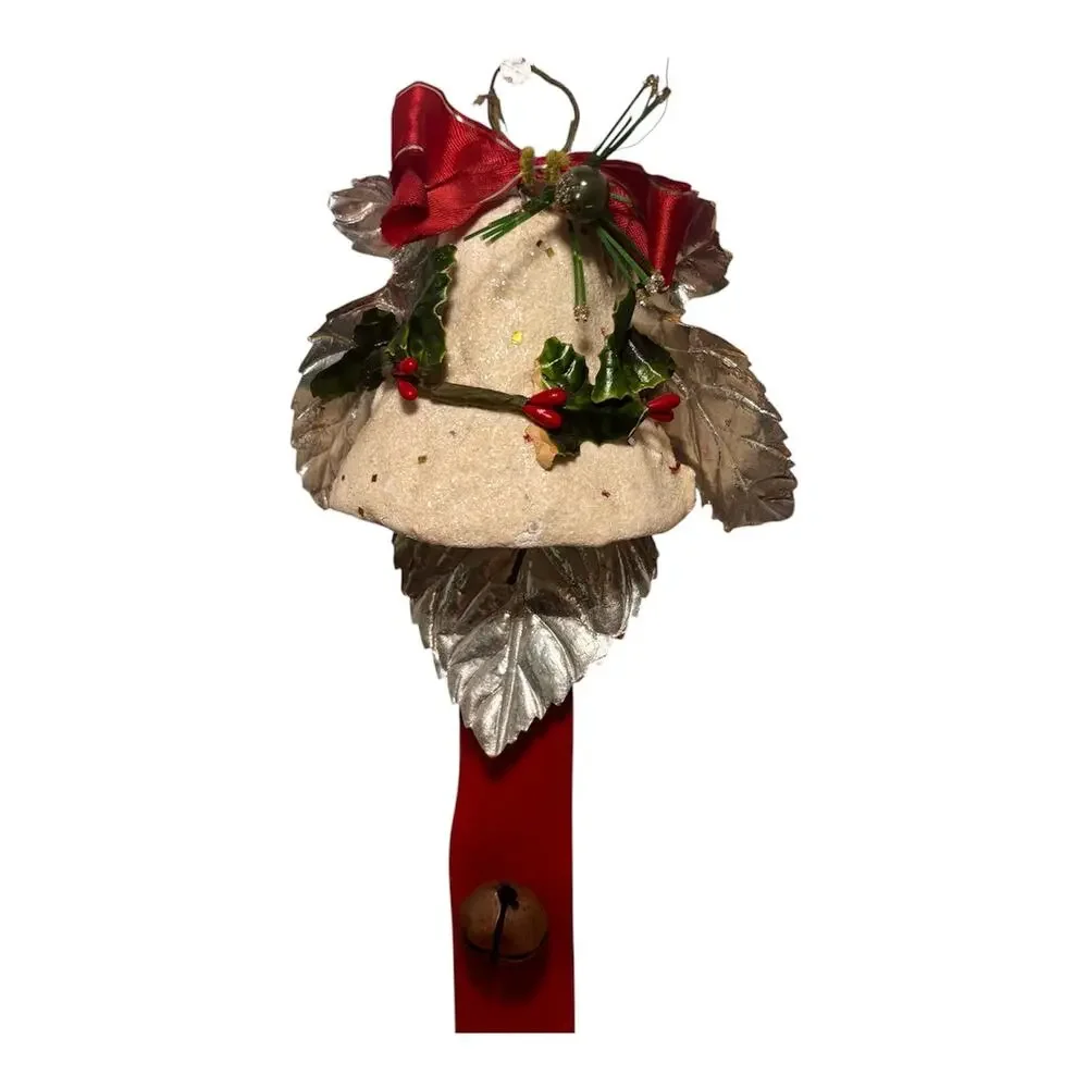Vintage Paper Mache Christmas Jingle Bell Door Hanger, 21” MCM Celluloid Ribbon